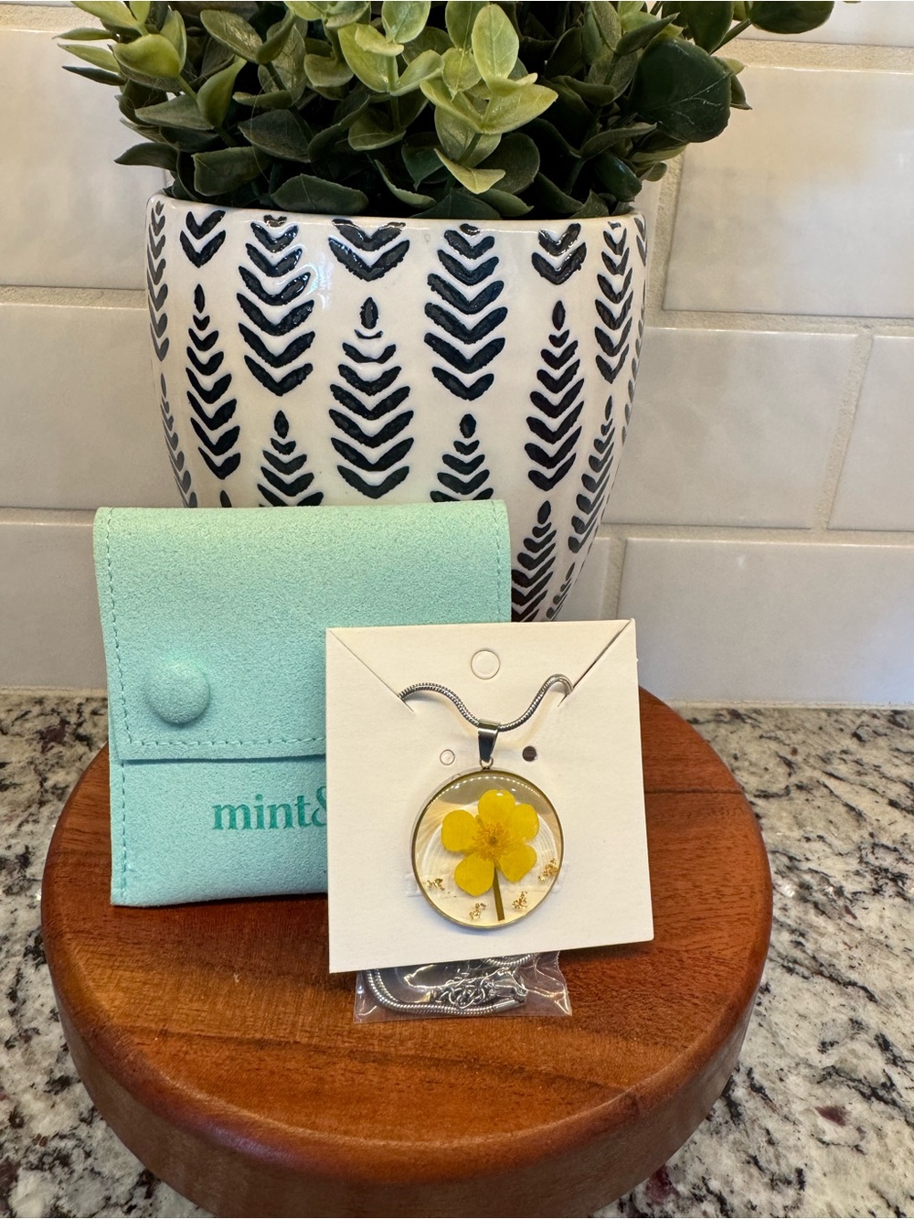 Mint & Lilly Yellow Pressed Flower Pendant Necklace December